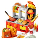 Restaurant Play Food Set Toy - 40+ PCS Fast Food Playset with Potato Cutter, Simulated Frying Effect & Lights, Order, Card & Drink Station - Interactive Role Play Toy Birthday Gift for Boys Girls