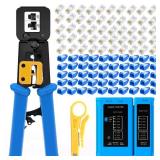 Gaobige rj45 Crimping Tool for Cat6 Cat5e Cat5, Sturdy Crimper for rj45 rj12/11 Pass-Through Connectors with 50pcs rj45 Cat5e Pass-Through Connectors, 50pcs Covers, Wire Stripper; Network Cable Tester