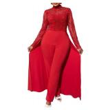 VERWIN Plus Size Sequins Jumpsuit for Women Patchwork Overlay Full Length Women