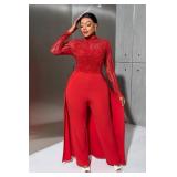 VERWIN Plus Size Sequins Jumpsuit for Women Patchwork Overlay Full Length Women
