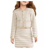 Haloumoning Girls Fall 2 Piece Outfits Striped Button Down Cardigan and Skirt Sets with Pockets 5-14 Years