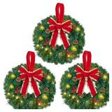 JOIEDOMI 3 Pack 19 Christmas Wreaths with Bow Pre-Lit Artificial with 20 Warm Lights Cordless for Home Front Door Wall Xmas Indoor Outdoor Christmas Decorations Window Door Wreath, Battery Operated