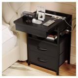 Lazzanto Nightstand Hidden Drawer Charging Table - Night Stand with Charger Station and Sliding Top Storage, Morden Bedside Table with 2 Fabric Drawers, for Dorm Living Room Bedroom, Black