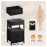 Lazzanto Nightstand Hidden Drawer Charging Table - Night Stand with Charger Station and Sliding Top Storage, Morden Bedside Table with 2 Fabric Drawers, for Dorm Living Room Bedroom, Black