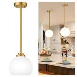 2 Pack 7.2-Inch Globe Pendant Lights, Mid Century Gold Pendant Light Fixtures, Globe Pendant Lights Kitchen Island with Milk Glass Shade Adjustable Hanging Fixture for Dining Room (Bulbs not Included)