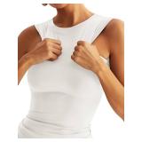 Eachyes Womens Double Lined Racerback Tank Tops Sleeveless High Neck Fitted Basic Shirts White Large