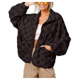 chouyatou Women Winter Casual Checkered Fleece Jacket Fuzzy Oversized Sherpa Jacket Shacket Faux Fur Coat (Large, Black)