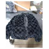 chouyatou Women Winter Casual Checkered Fleece Jacket Fuzzy Oversized Sherpa Jacket Shacket Faux Fur Coat (Large, Black)