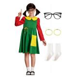 Kids Halloween 4 Pcs Long Sleeve La Chilindina Peter Pan Collar Green and Red Mini Dress 8 Years MISSING YELLOW BRACELETS