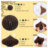 TecUnite 50 Pcs Christmas Paper Honeycomb Ornaments for Tree Vintage 3D Mini Glitter Edge Paper Christmas Ornament Honeycomb Tree Hanging Neutral Boho Holiday Xmas Party Decoration(Neutral)