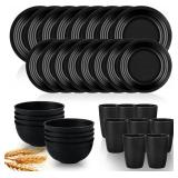 32 pcs Wheat Straw Dinnerware Sets Kitchen Plates and Bowls Sets for 8 Plastic Plates Reusable Dishes Set Outdoor Camping and Dinning Essentials Dishwasher Safe, Black