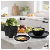 32 pcs Wheat Straw Dinnerware Sets Kitchen Plates and Bowls Sets for 8 Plastic Plates Reusable Dishes Set Outdoor Camping and Dinning Essentials Dishwasher Safe, Black