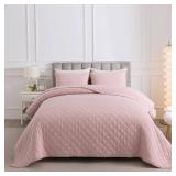 Soul & Lane Blush Diamond Cotton Quilt Set - King Size with 2 Shams, Shabby Chic Quilted Comforter, Lightweight Romantic Diamond Pattern Bedspread in Soft Pink, Scalloped Edge Bedding with Lace Trim