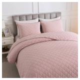 Soul & Lane Blush Diamond Cotton Quilt Set - King Size with 2 Shams, Shabby Chic Quilted Comforter, Lightweight Romantic Diamond Pattern Bedspread in Soft Pink, Scalloped Edge Bedding with Lace Trim
