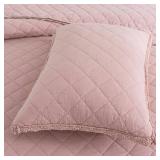 Soul & Lane Blush Diamond Cotton Quilt Set - King Size with 2 Shams, Shabby Chic Quilted Comforter, Lightweight Romantic Diamond Pattern Bedspread in Soft Pink, Scalloped Edge Bedding with Lace Trim
