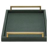 Green Decorative Serving Tray,Rectangular Tray for Coffee Table,Faux Leather Serving Tray with Handles for Ottoman,Shagreen Leather Tray for Bathroom