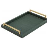 Green Decorative Serving Tray,Rectangular Tray for Coffee Table,Faux Leather Serving Tray with Handles for Ottoman,Shagreen Leather Tray for Bathroom