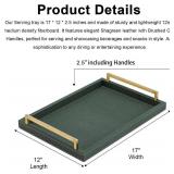 Green Decorative Serving Tray,Rectangular Tray for Coffee Table,Faux Leather Serving Tray with Handles for Ottoman,Shagreen Leather Tray for Bathroom