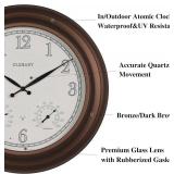 Retails for $143! CLXEAST 24 Inch Illuminated in/Outdoor Lighted Atomic Analog Wall Clock with Thermometer & Hygrometer, Oversized Large Waterproof Wall Clocks for Living Room Decor,Bronze Finish