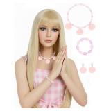 Blonde Wig With Bangs for Women Golden Blonde Long Straight Blonde Wigs with Necklace, Earrings, Bracelet