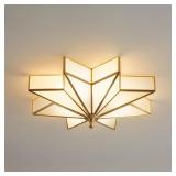 Retails for $117! Gold Star Flush Ceiling Light - 19.5 Inch Brass Glass Large Mount Fixture - Art Deco Mid Century Vintage Modern Moravian Lighting Lights for Bedroom Dining Kitchen Foyer Farmhouse Li