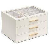 Vlando Jewelry Box for Women, Glass Lid Jewelry Organizer with 3 Drawers for Necklaces Rings Earrings Bracelets Mother Day Gift for Mom - Cloud White