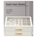 Vlando Jewelry Box for Women, Glass Lid Jewelry Organizer with 3 Drawers for Necklaces Rings Earrings Bracelets Mother Day Gift for Mom - Cloud White