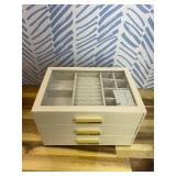 Vlando Jewelry Box for Women, Glass Lid Jewelry Organizer with 3 Drawers for Necklaces Rings Earrings Bracelets Mother Day Gift for Mom - Cloud White