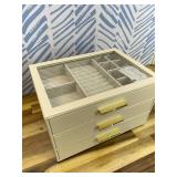 Vlando Jewelry Box for Women, Glass Lid Jewelry Organizer with 3 Drawers for Necklaces Rings Earrings Bracelets Mother Day Gift for Mom - Cloud White