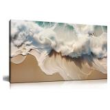 Ocean Waves Canvas Wall Art for Living Room, Beach Scenery View Home Decor Picture, Sea Waves Canvas Wall-Decoration, Seaside Scene Decorative Print Artwork for Office Bedroom, Size 40x20 Inches
