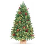4FT Prelit Christmas Tree, Artificial Tabletop Xmas Tree, Small Christmas Tree Pre-Decorated with Pinecones and Berries (150 Clear Warm Lights and Realistic 380 Thicken Tips, Cloth Bag Base)
