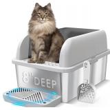 8" Deep Stainless Steel Cat Litter Tray with Lid Extra Large Litter Box for Big Cats XL Metal Litter Box Pan with High Wall Sides Enclosure, Non-Sticky, Anti-Leakage, Easy Cleaning