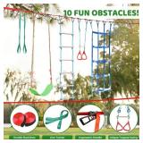 Retails for $170! Ninja Warrior Obstacle Course for Kids Backyard - 2 65ft Slackline Kit with 10 Most Complete Accessories for Boys & Girls, Swing, Rope Ladder, Gymnastic Ring, Climbing Net, Arm Train