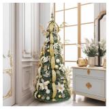 Retails for $150! WBHome 6.5 FT Gold & White Pop-Up Christmas Tree, Pre-Lit and Fully Decorated, Fire-Resistant Collapsible Outdoor Indoor Holiday Party Decor