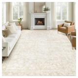 8x10 Area Rugs for Living Room: Washable Large Vintage Floral Rug Low Pile Non-Slip Boho Carpet for Bedroom Dining Home Office (Beige, 8