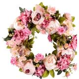 Lvydec Artificial Peony Flower Wreath - 15" Pink Flower Door Wreath Spring with Green Leaves for Front Door, Wedding, Wall, Home Decor