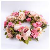 Lvydec Artificial Peony Flower Wreath - 15" Pink Flower Door Wreath Spring with Green Leaves for Front Door, Wedding, Wall, Home Decor