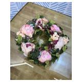 Lvydec Artificial Peony Flower Wreath - 15" Pink Flower Door Wreath Spring with Green Leaves for Front Door, Wedding, Wall, Home Decor