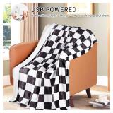 USB Powered Heated Throw Blanket for Women,50"X60" 9V 18W Portable Black White Grid Electric Heating Blanket with 3 Heat Setting,8-Zone Graphene Heating Blankets for Couch Car Office Outdoor