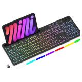 Wireless Keyboard with 7-Color RGB Backlit, Full-Size Computer Keyboard with Phone Tablet Holder, 2.4G Rechargeable Gaming Keyboard with Light Up Keys, Compatible with Mac, Windows (Black)