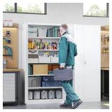 Retails for $145! Letaya Metal Storage Cabinets with Lock Door,Steel Locker Garage Cabinets 5 Adjustable Shelves for Home,Office, Warehouse(White)