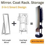 Retails for $180! Rotating Solid Wood Full Length Mirror with Coat Rack, 65x14 Shatterproof Floor Mirror with Storage Clothes Rack, Shelf & Hooks Ideal for Hallway, Bedroom, or Living Room (Black, Med