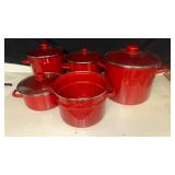 Red Enamel Cookware Set with Glass Lids, APPEARS NEW SET