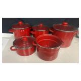 Red Enamel Cookware Set with Glass Lids, APPEARS NEW SET