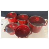 Red Enamel Cookware Set with Glass Lids, APPEARS NEW SET