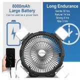 AGPTEK Portable Outdoor Fan - 8000mAh Rechargeable Battery with LED Light Lantern & Hook, Ideal for Picnics, BBQ, Fishing, Travel & Camping