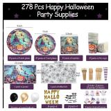 278 Pcs Happy Halloween Tableware Party Supplies Contain Forks Spoons Knives Paper Plates Balloons Tablecloth Ghost Banner Backdrop Bat stickers (Type 2)