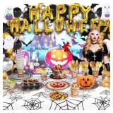 278 Pcs Happy Halloween Tableware Party Supplies Contain Forks Spoons Knives Paper Plates Balloons Tablecloth Ghost Banner Backdrop Bat stickers (Type 2)