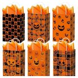 Kolldenn 48 Pcs Halloween Paper Gift Bags with Tissue Paper Pumpkin Goodie Treat Bags with Handles Wrapping Candy Party Favors Bag for Celebration Supplies Decorations