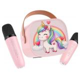 Mini Karaoke Machine for Kids,Portable Bluetooth Speaker with 2 Microphones,Rechargeable Battery,FM Radio,USB Playback,LED Lights for Boys & Girls Children